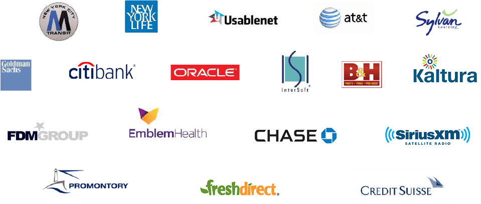Goldman Sachs, PruTech, Chase, Citibank, MTA, SiriusXM Radio, B and H, Credit Suisse, FDM...
