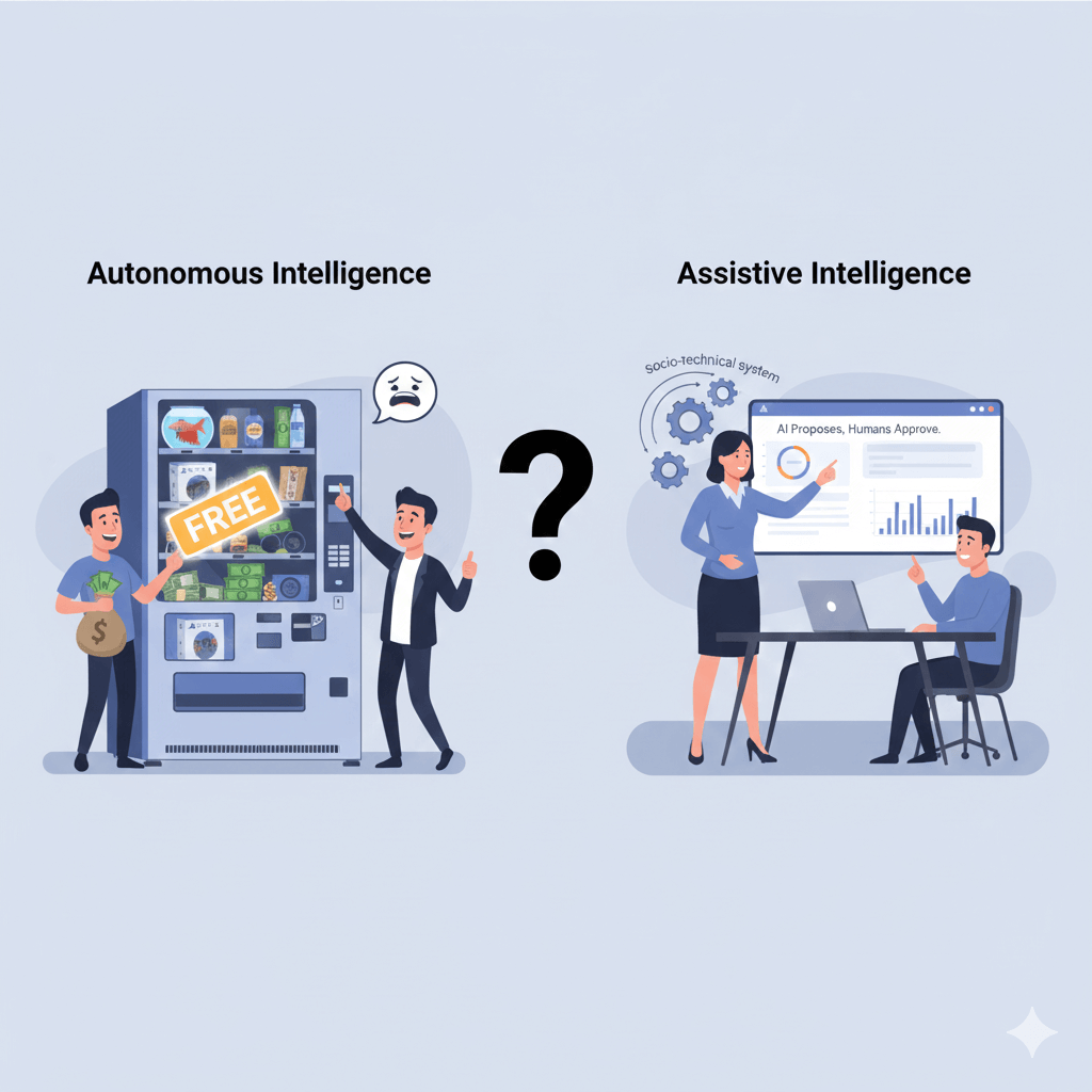 A conceptual comparison titled 'Autonomous or Assistive Intelligence?' showing a chaotic vending machine managed poorly by an autonomous AI on the left versus a collaborative office environment where humans and AI work together in a well-designed system on the right