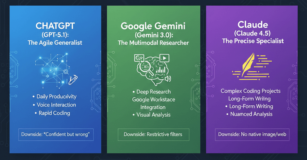 A practical comparison of ChatGPT, Google Gemini, and Claude to help students and professionals choose the best AI assistant for their specific job tasks.
