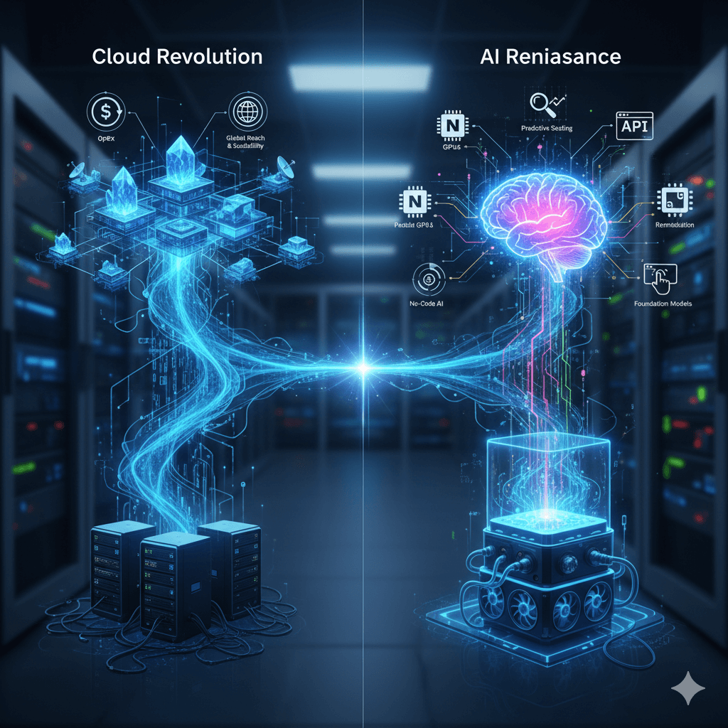 A futuristic split-screen infographic set in a data center, contrasting the 'Cloud Revolution' with blue crystal icons and the 'AI Renaissance' with a glowing purple brain. The image illustrates the synergy between cloud scalability and AI-native infrastructure through interconnected digital icons and liquid-cooled servers.