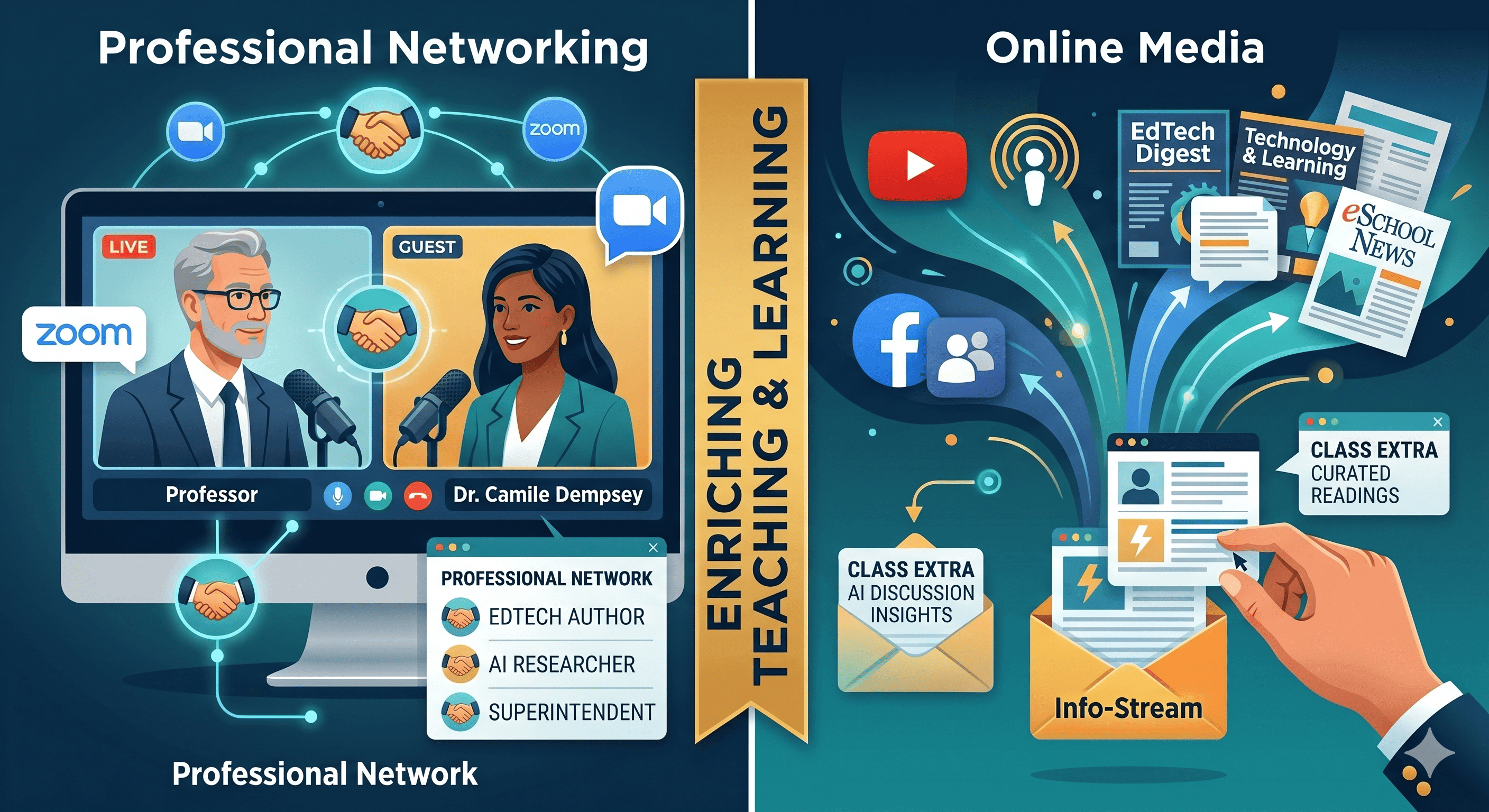 A digital illustration representing a professor connecting with guest speakers and students through video conferencing and online media platforms.