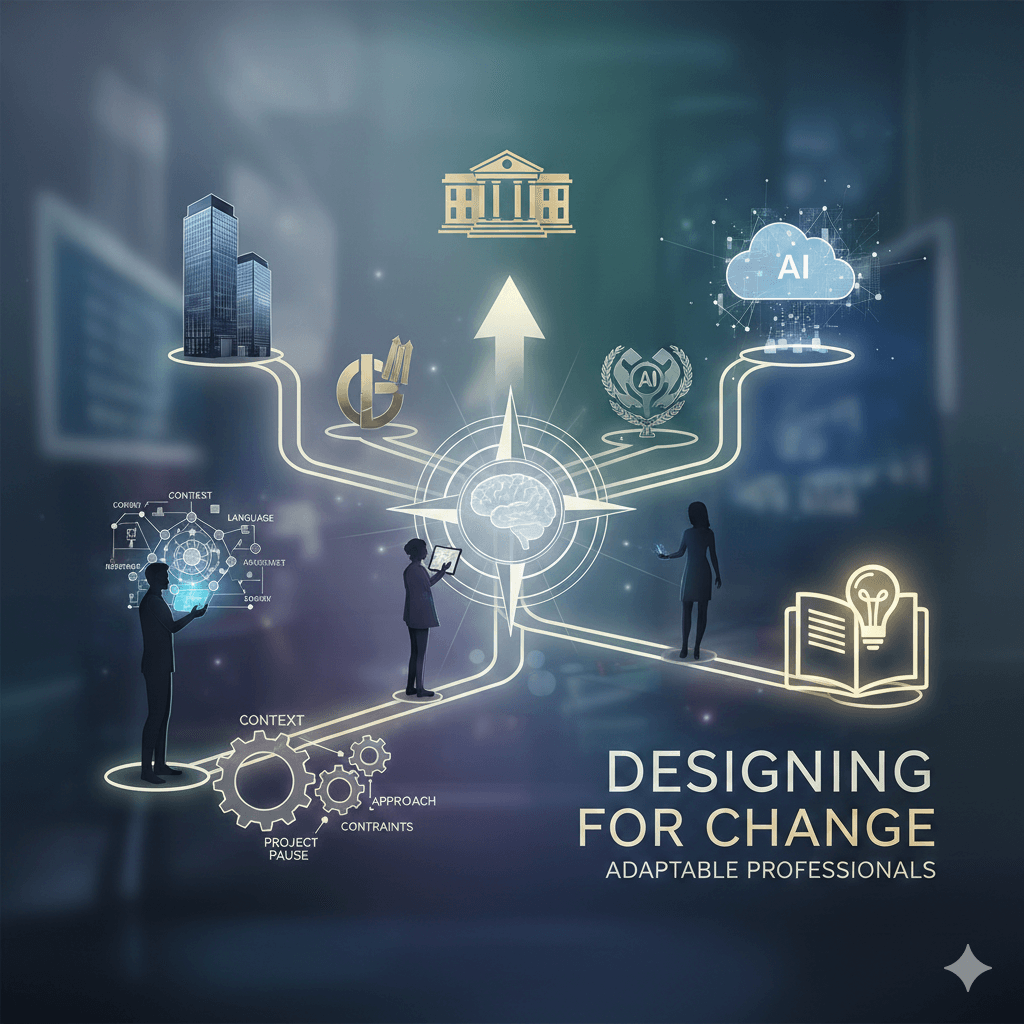 A conceptual illustration titled 'Designing for Change: Adaptable Professionals.' It features a central compass and glowing paths connecting silhouettes of people to icons representing corporate skyscrapers, academic buildings, and AI technology. The image visualizes the fluid movement of instructional designers across different professional sectors.