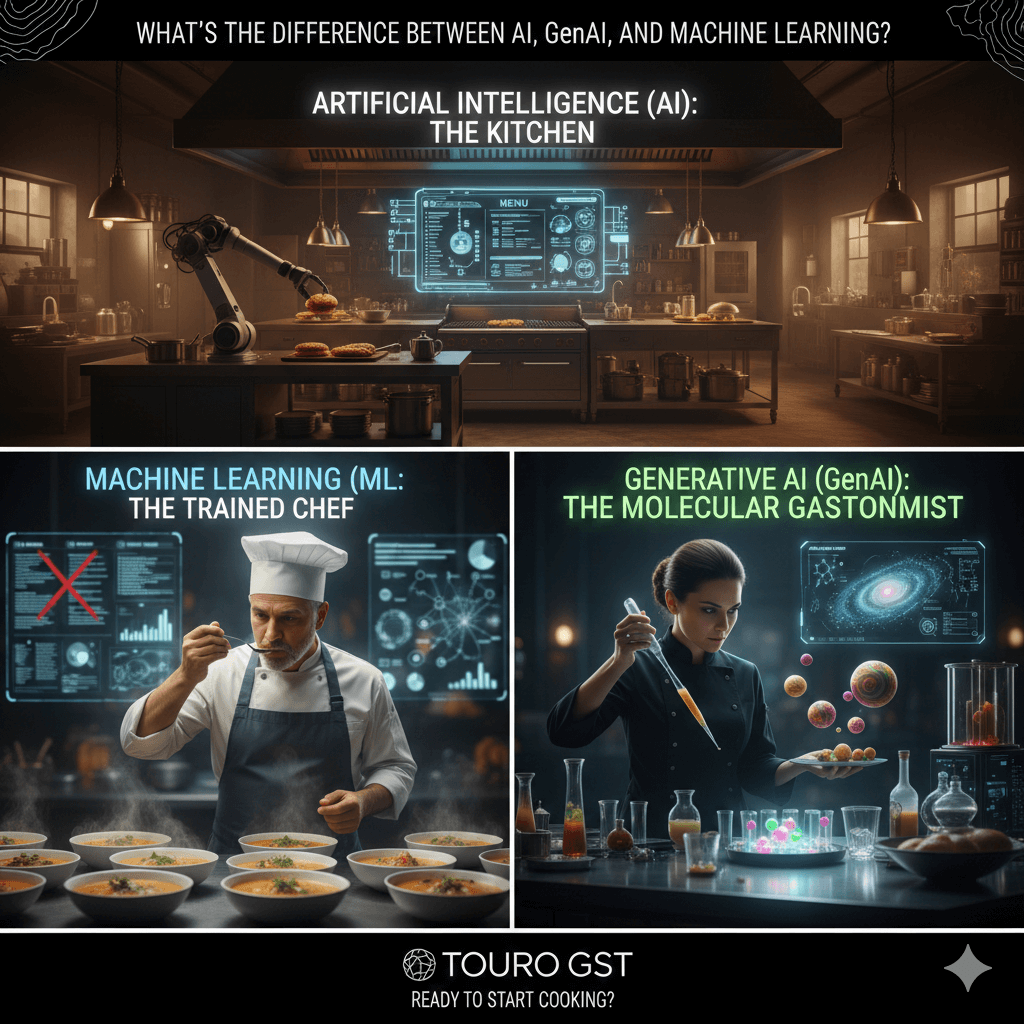 A three-panel educational infographic using a kitchen analogy to explain AI. Top: A high-tech kitchen representing AI. Bottom left: A chef tasting soup representing Machine Learning. Bottom right: A molecular gastronomist creating glowing food representing Generative AI.