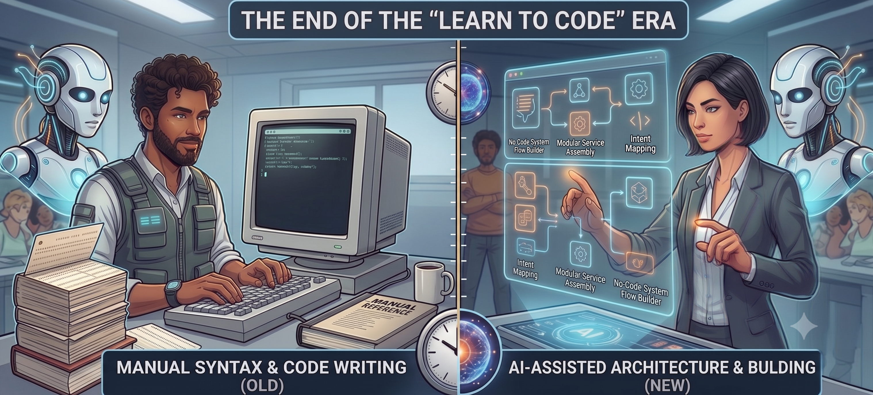 A split-screen illustration titled 'The End of the Learn to Code Era,' contrasting a man manually typing code on a retro computer with a woman using futuristic holographic interfaces for AI-assisted building.