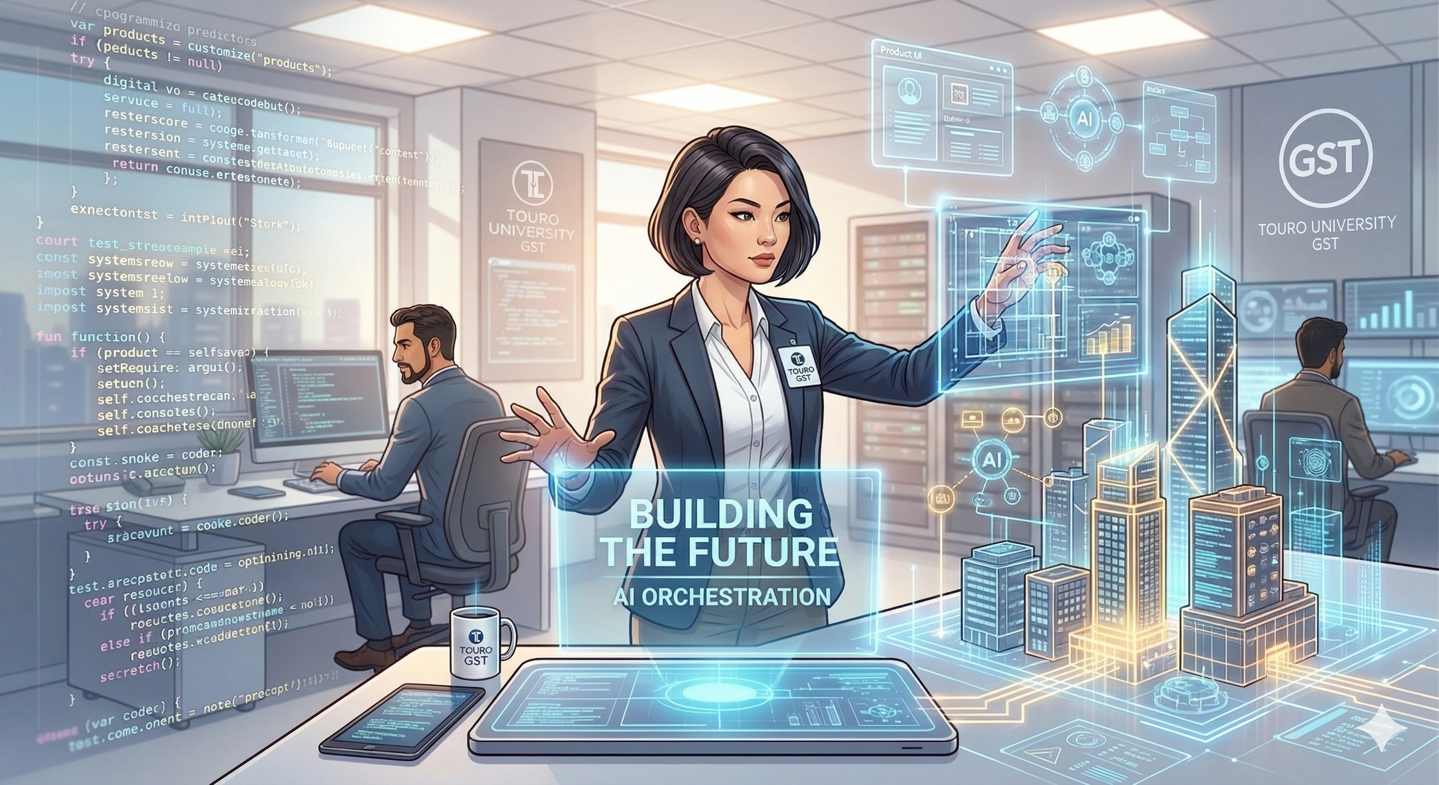 Futuristic illustration of a woman in a suit at a high-tech office desk, looking at and interacting with a large holographic display featuring the words 'BUILDING THE FUTURE' and 'AI ORCHESTRATION', with code on computer screens in the background.