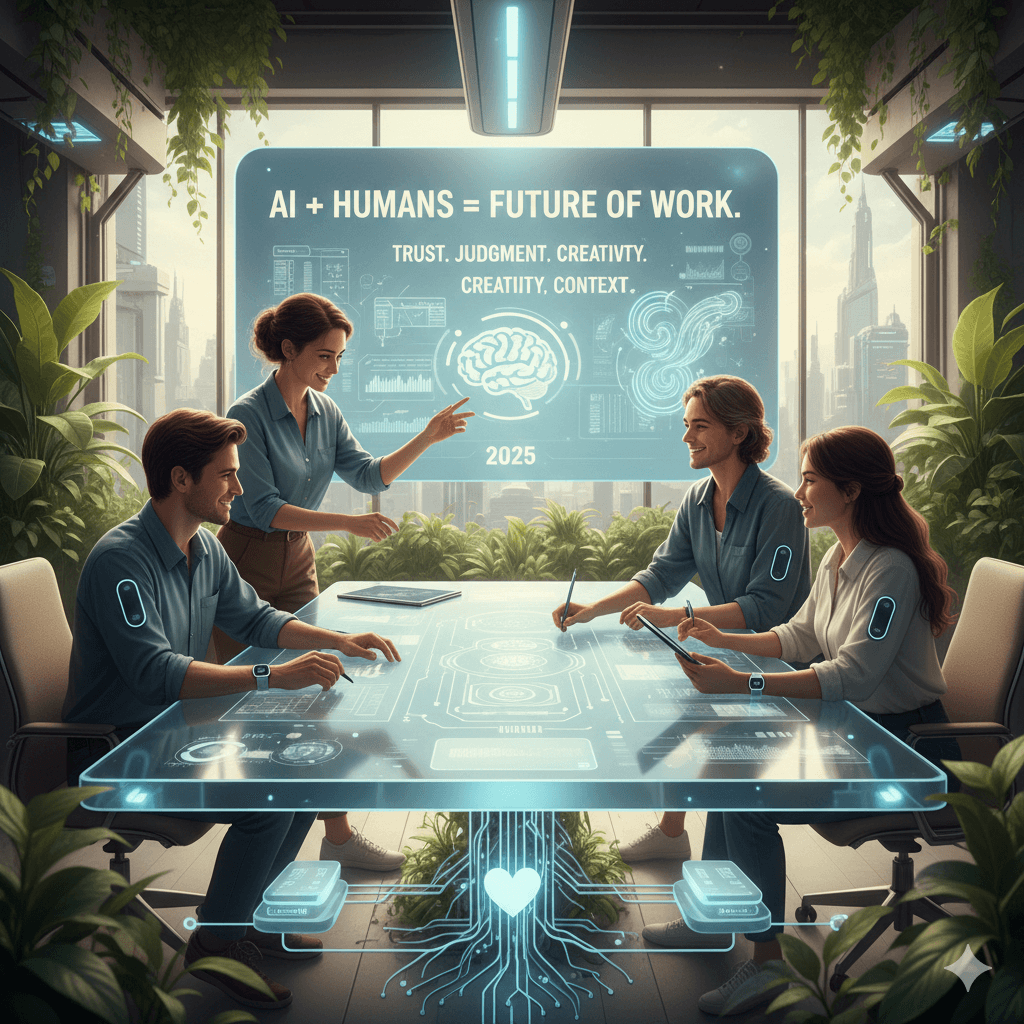 A diverse group of professionals collaborating around a futuristic glowing holographic table