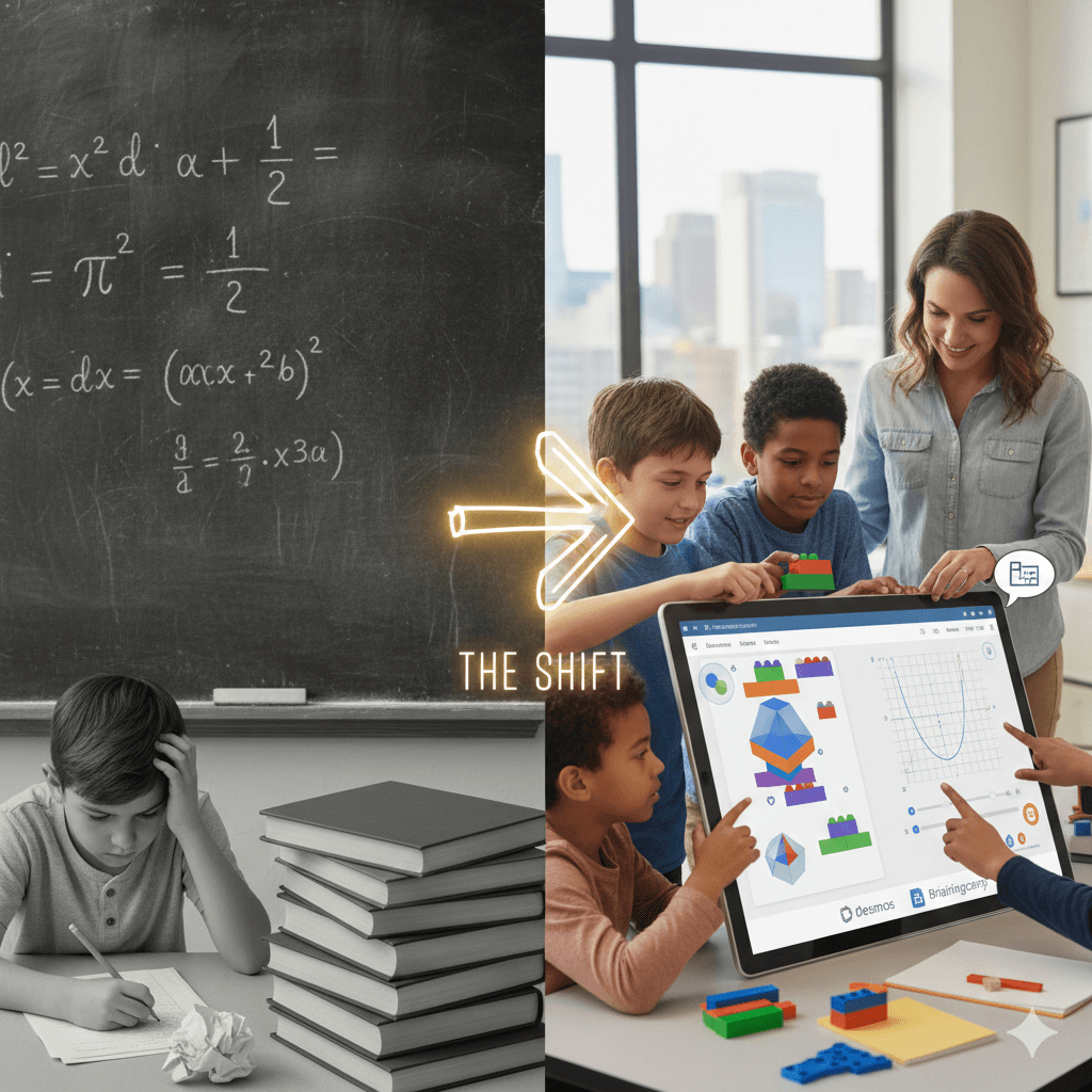 A split-screen comparison showing the evolution of math education. On the left, a frustrated student in black and white sits at a desk with a stack of books and a chalkboard filled with complex, abstract formulas. On the right, a vibrant, color scene shows a teacher and diverse students collaborating around a large digital touchscreen using interactive geometric models and colorful physical manipulatives.