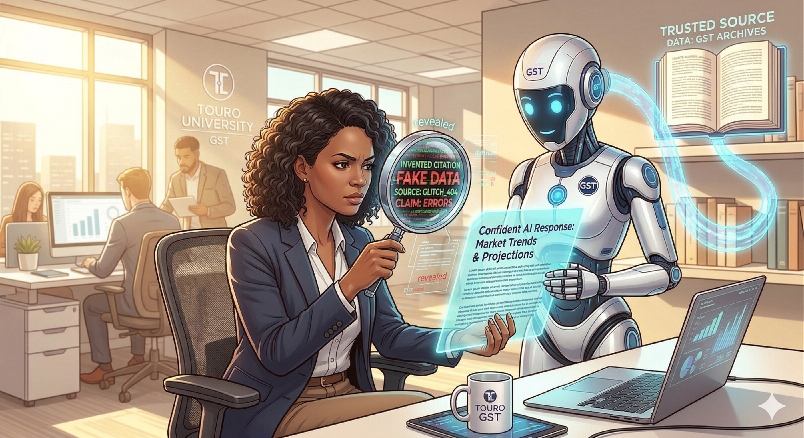 A professional office worker sitting at a desk, looking skeptically at a glowing, futuristic document handed to them by an AI robot.