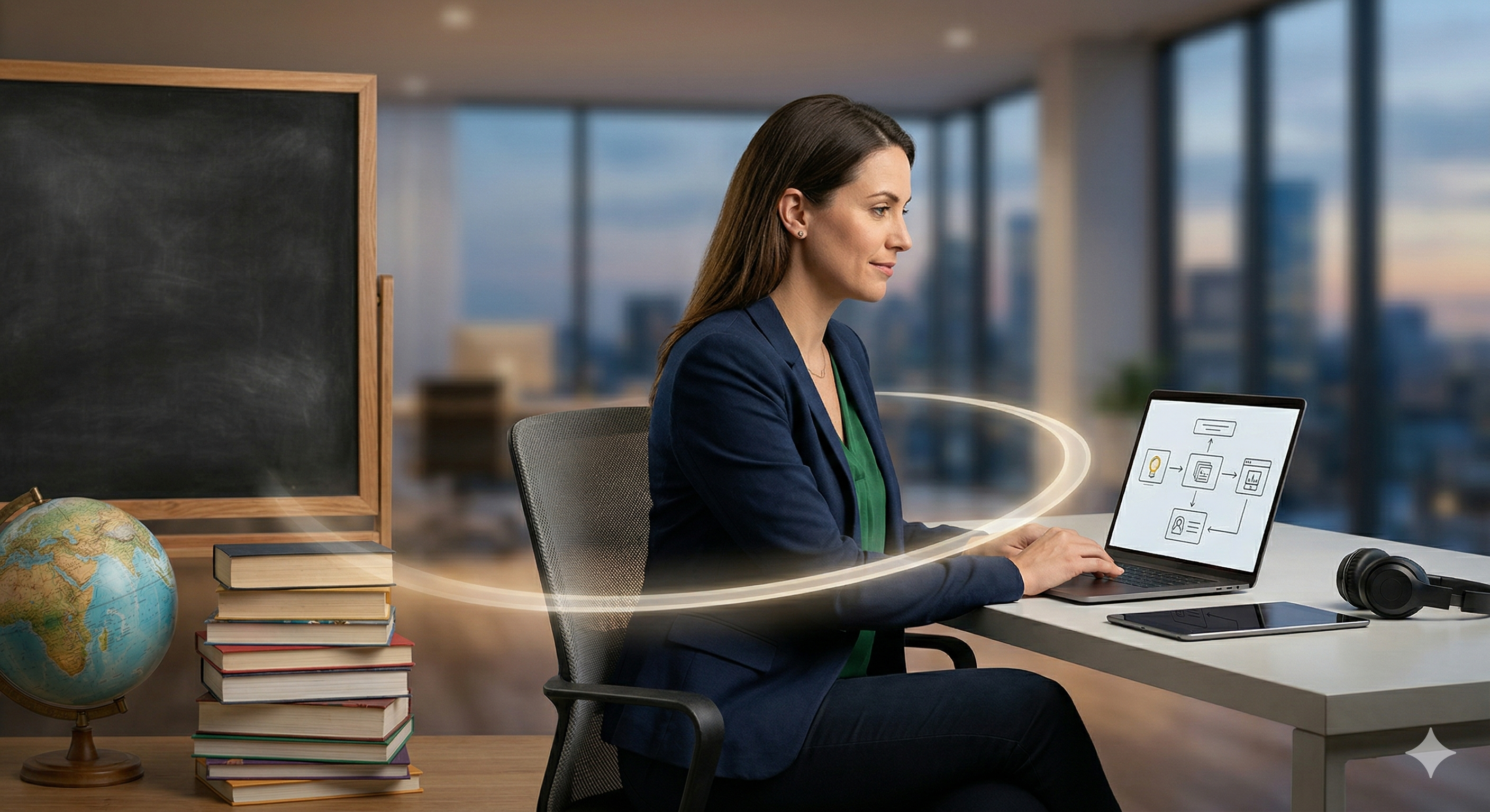 A woman transitioning from a teaching career to an instructional design role in a modern corporate office.