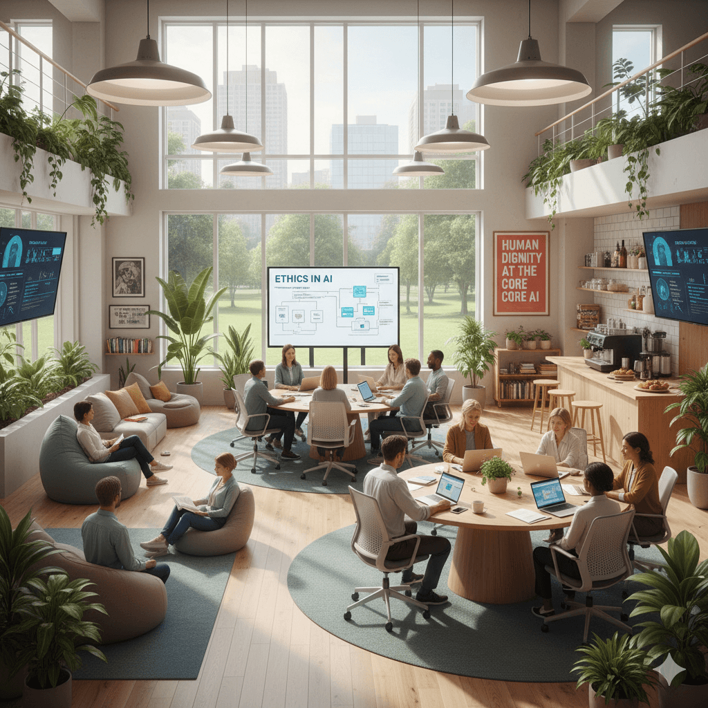 Exhausted workers in a dark office at 3:47 AM moderation sensitive AI data, highlighting the psychological toll of tech labor.