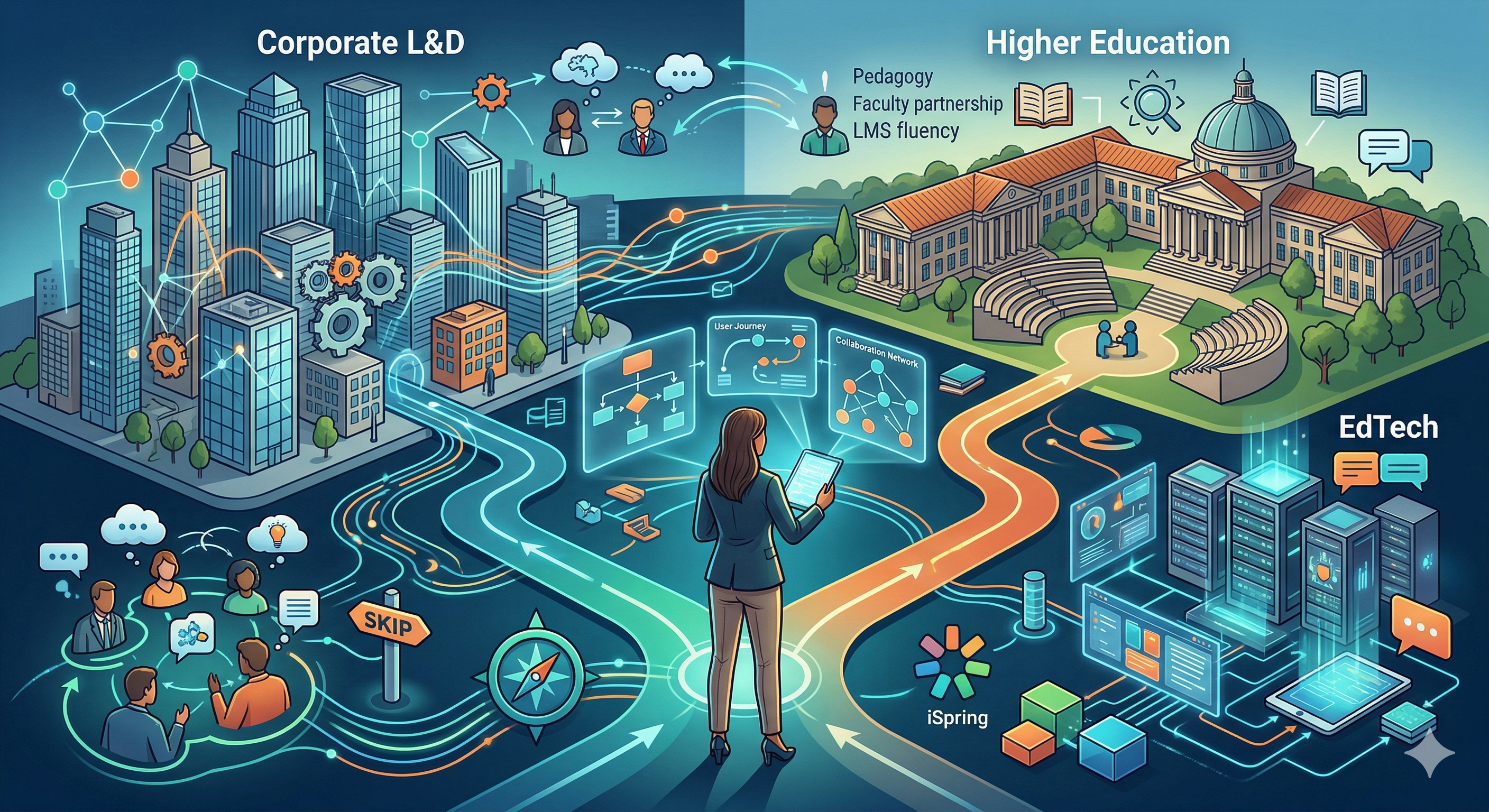 Professional navigating a career path through Corporate L&D, Higher Education, and EdTech sectors.