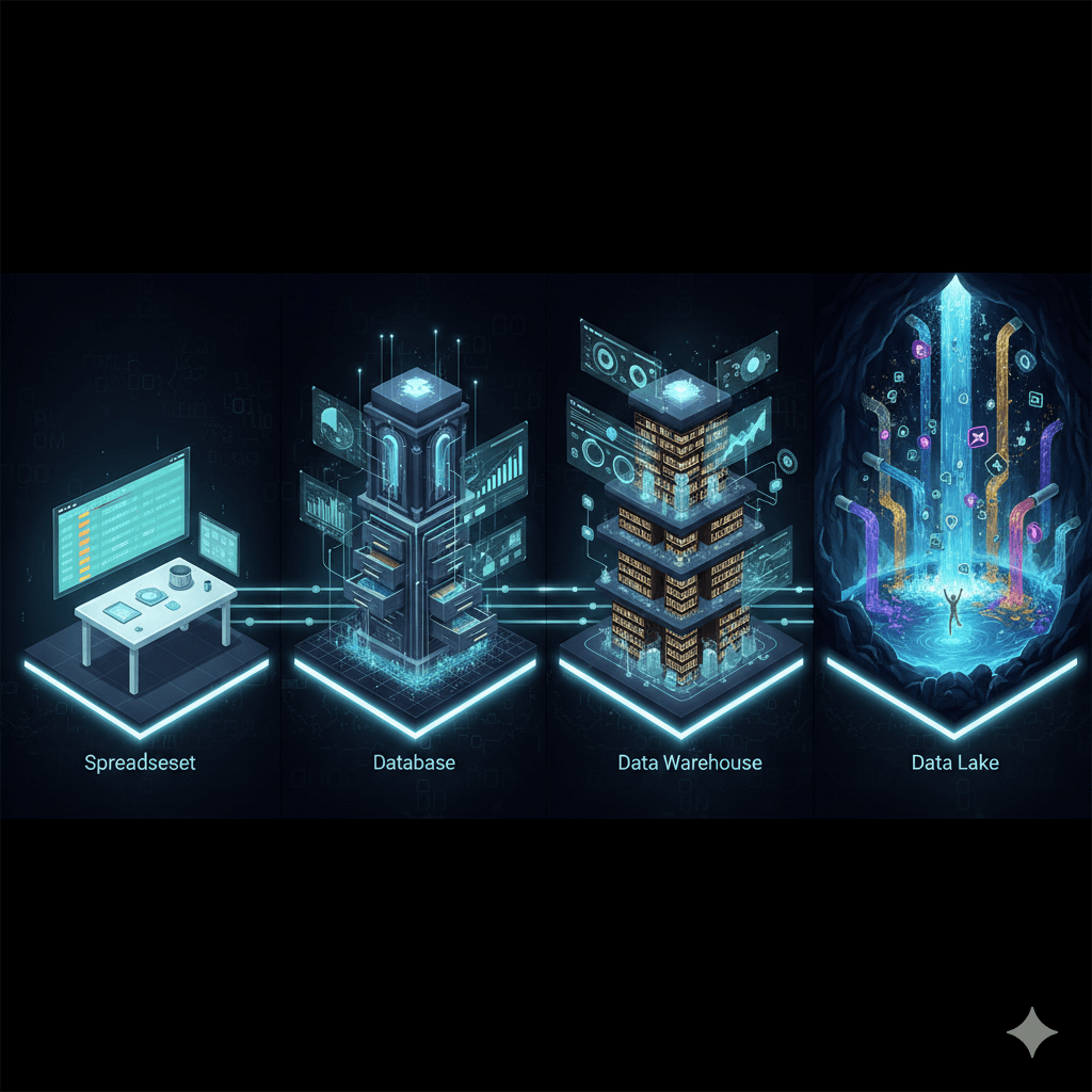 A four-panel infographic illustrating data storage concepts: a glowing 'Spreadsheet' kitchen table, a structured 'Database' filing cabinet tower, a complex 'Data Warehouse' library, and a 'Data Lake' depicted as a glowing underground waterfall and pool where a person is diving into raw, colorful data streams.