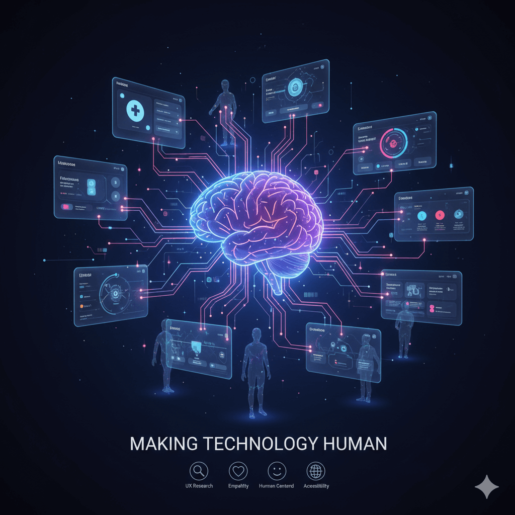 A digital infographic titled 'MAKING TECHNOLOGY HUMAN' featuring a glowing human brain at the center of a circuit board. Multiple holographic UI screens displaying data and interfaces are connected to the brain, while four translucent human silhouettes stand at the corners, symbolizing the intersection of UX/UI research, empathy, human-centered design, and accessibility.