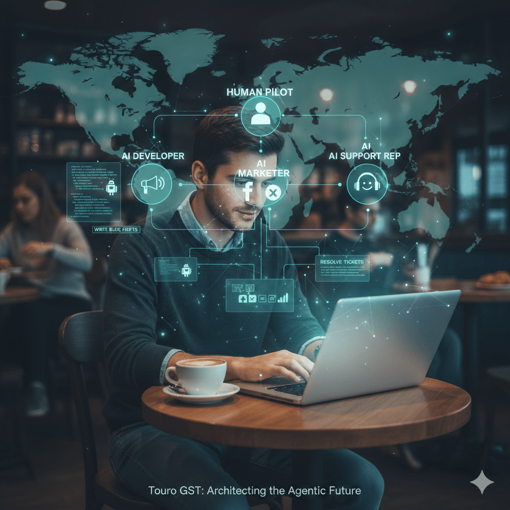 A young male entrepreneur sitting at a small coffee shop table with a laptop and a latte. A futuristic digital holographic interface glows around him, displaying a world map and an organizational chart of AI Agents labeled 'Human Pilot,' 'AI Developer,' 'AI Marketer,' and 'AI Support Rep.' The scene illustrates the concept of a one-person billion-dollar company powered by AI.