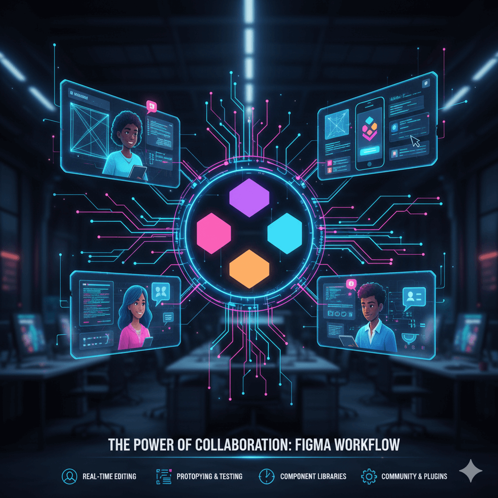 A digital infographic titled 'THE POWER OF COLLABORATION: FIGMA WORKFLOW' showing four colorful hexagon icons at the center of a circuit-like hub. Floating digital screens feature diverse designers working on wireframes and mobile interfaces, with icons at the bottom highlighting Real-Time Editing, Prototyping & Testing, Component Libraries, and Community & Plugins.