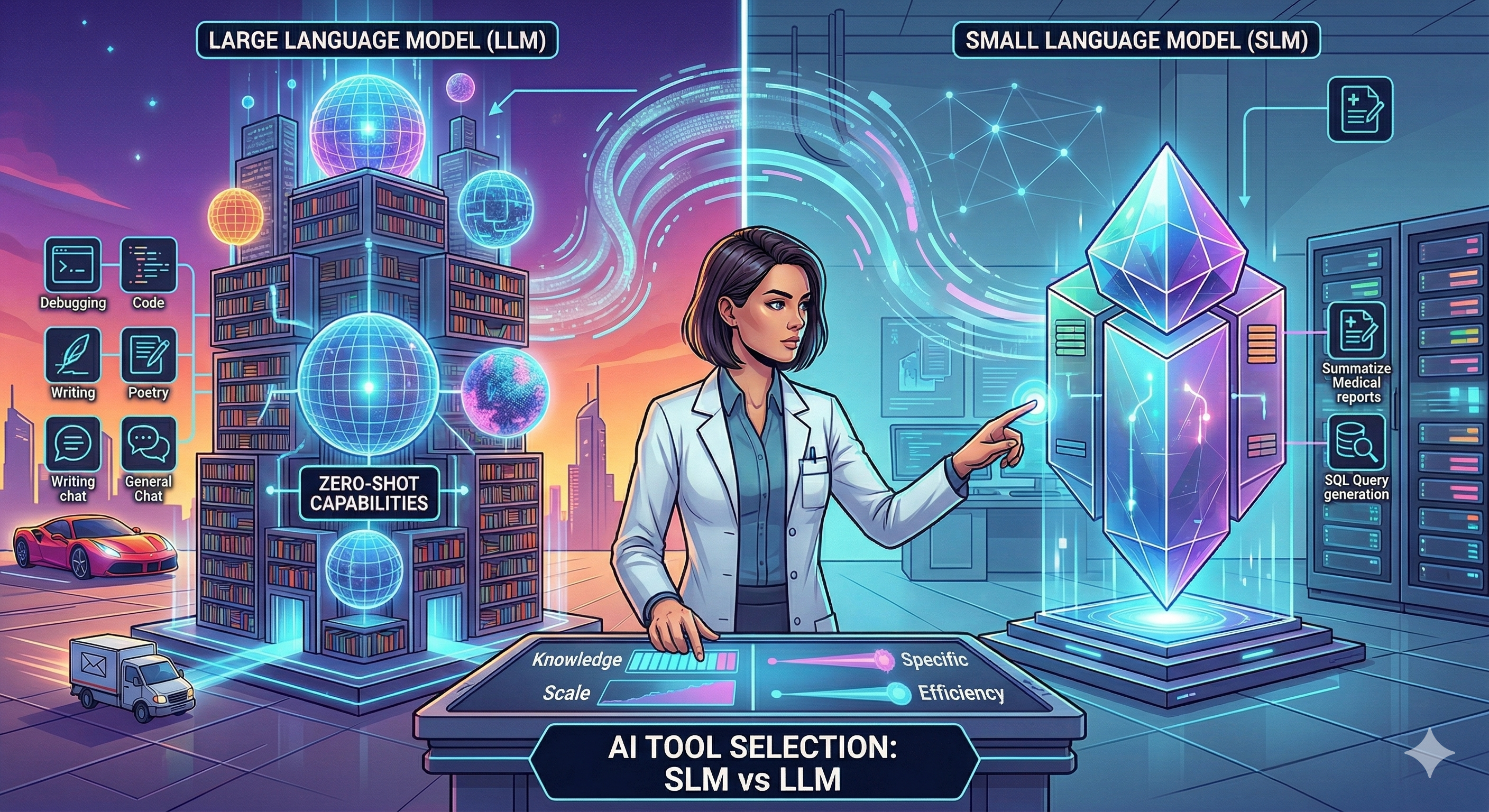 An illustration of a scientist in a lab comparing Large Language Models (LLMs), represented as a massive book tower, against Small Language Models (SLMs), represented as a glowing crystal, for the purpose of AI tool selection.