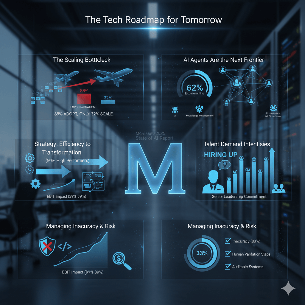 A conceptual business roadmap visualization showing a bridge connecting a dark, fragmented 'Pilot Phase' to a bright, structured 'Scaled Enterprise' city. Digital nodes representing 'AI Agents,' 'Engineers,' and 'Risk Mitigation' float above the path. The image illustrates the strategic transition from experimental AI to high-performing business transformation.