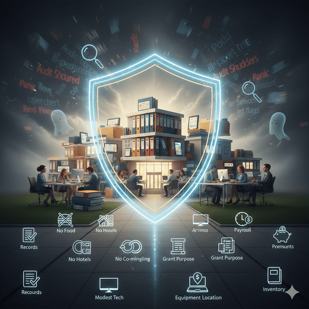 A conceptual infographic titled 'Audit-Proofing,' featuring a glowing shield protecting an organized school office filled with neatly filed binders. Below the shield are icons representing ten strategies: record keeping, restricted food and hotel spending, fund separation, grant compliance, payroll accuracy, equipment tracking, and inventory management.