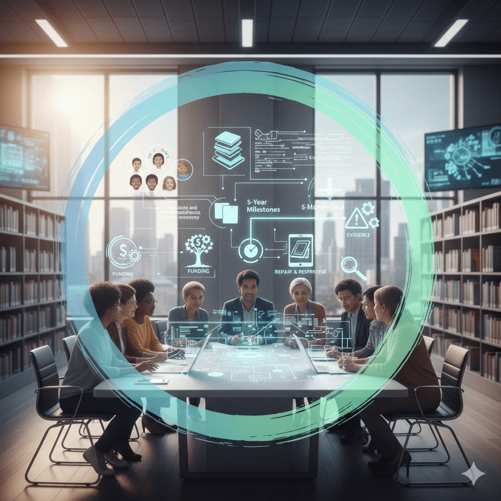 A diverse committee of educators and stakeholders sitting around a conference table in a modern school library. A large, glowing teal Zen-style circle encloses the group, overlaying a digital holographic roadmap that displays icons for technology planning milestones, including 'Funding,' 'Repair & Repurpose,' '5-Year Milestones,' and 'Evidence.' The atmosphere is collaborative and focused, symbolizing a balanced approach to school technology integration.