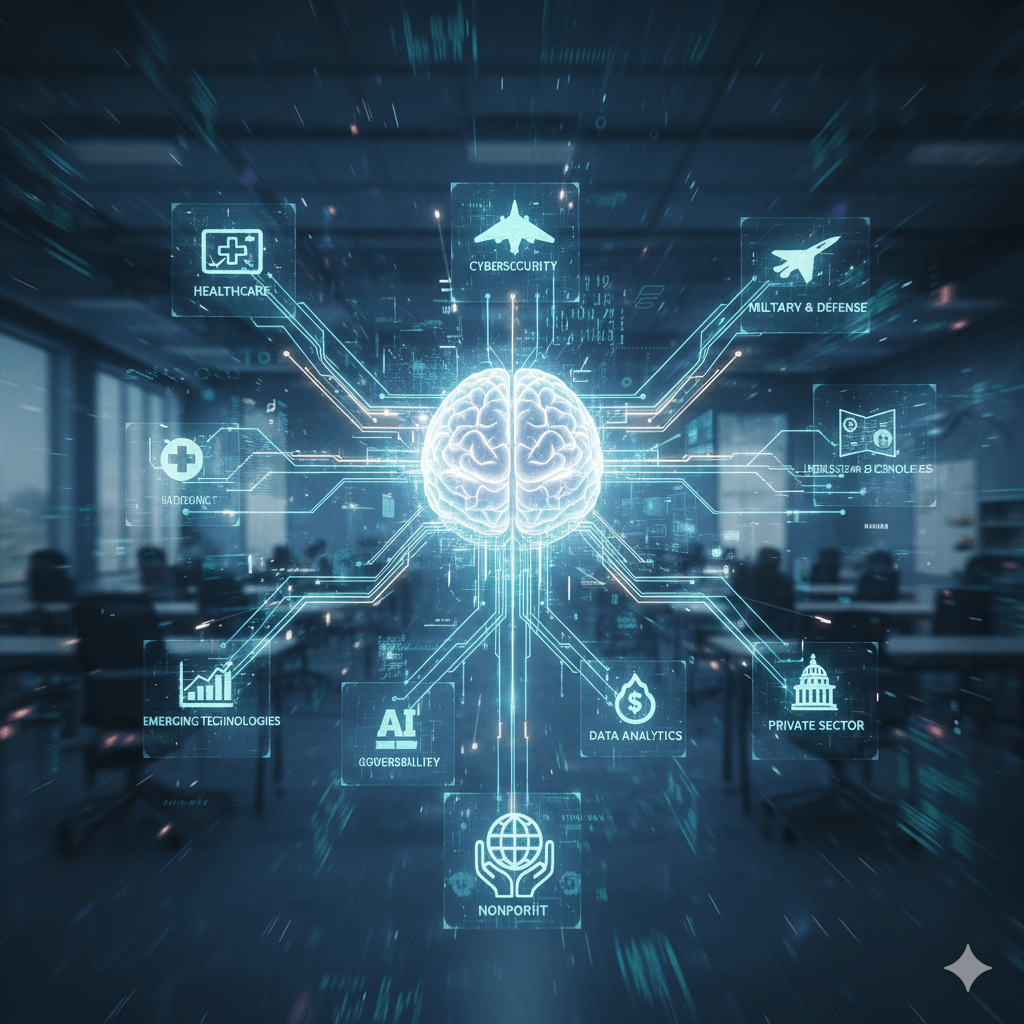 A conceptual digital illustration of Instructional Design and Digital Innovation (IDDI). At the center, a glowing human brain is connected via circuit-like neural paths to various icons representing different sectors, including Healthcare, Cybersecurity, Military & Defense, AI, Data Analytics, and Nonprofits. The background shows a blurred, modern office or learning space, symbolizing how human-centered design and technology integrate across all professional fields.