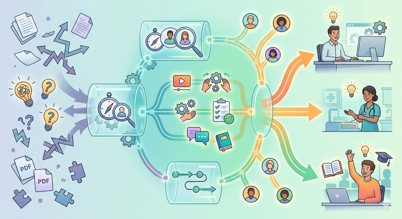 An illustration showing the transformation of disorganized information into structured learning tools like checklists and videos, leading to confident application in workplace, healthcare, and classroom settings.