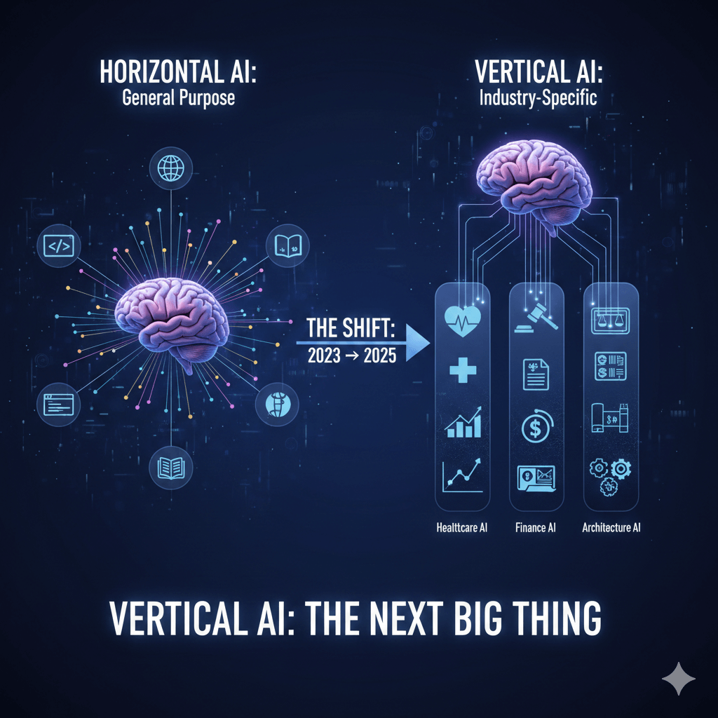Infographic comparing Horizontal AI (general purpose) to Vertical AI (industry-specific) showing the shift from 2023 to 2025.