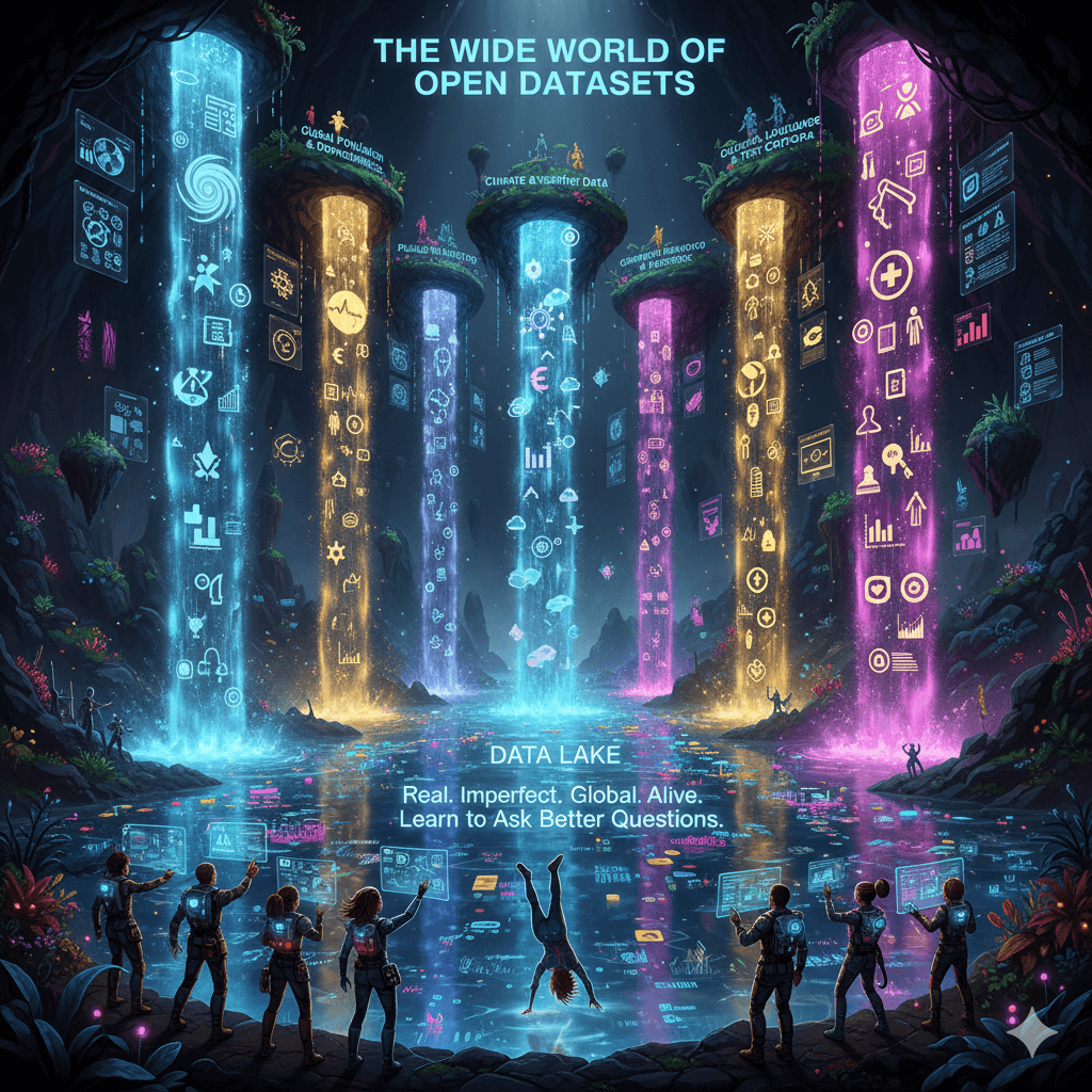A surreal digital illustration titled 'THE WIDE WORLD OF OPEN DATASETS' featuring a vast cavern where glowing waterfalls of data descend into a 'DATA LAKE.' Each waterfall is topped with a floating island representing a different sector—such as Health, Climate, and Space—marked by unique icons. In the foreground, a group of analysts stands at the water's edge using holographic interfaces, while one person dives into the glowing pool of data.